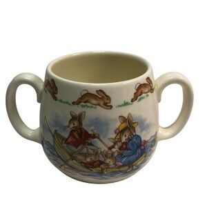 Vintage Bunnykins 2 Handled Mug family in boat and bunny in rain with crab